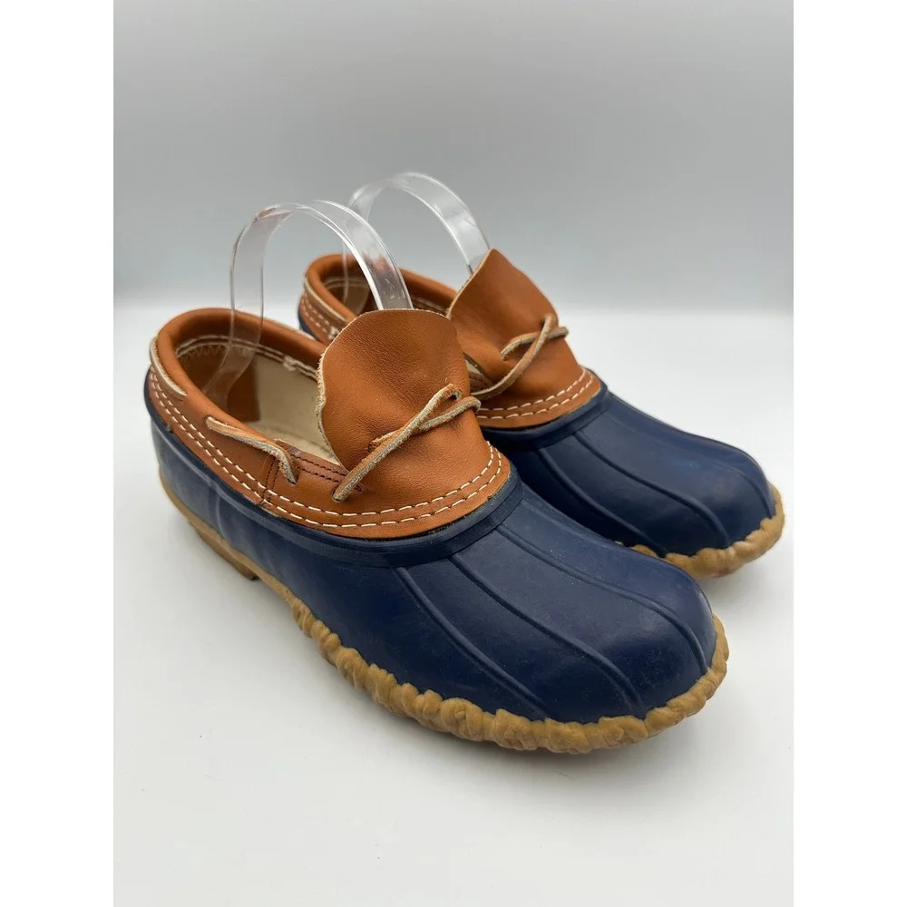 Vtg LL Bean Bean Boots M 8 W 9.5 Navy Tan Leather Rubber Duck Mocs‎ Made in USA